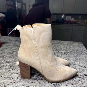 A New Day Cullen Taupe Faux Suede Pointed Toe Block Heel Ankle Booties